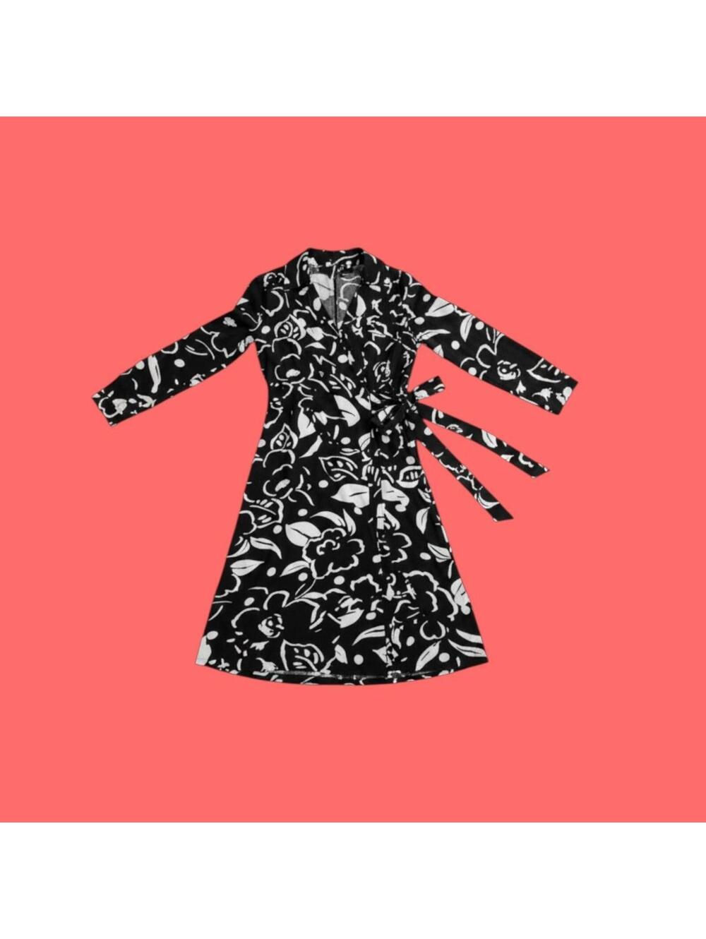 Black and White Floral Wrap Dress with Long Sleeves